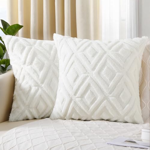 Pallene Summer Cream White Throw Pillow Covers 18x18 Set of 2, Soft Plush Faux Fur Decorative Couch Pillow Covers for Sofa Bed Living Room Pillow Cases with 3D Diamond Pattern