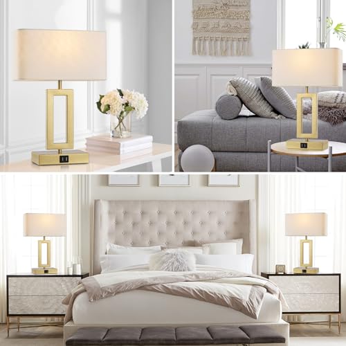 Gold Table Lamps Set of 2 with Dual USB Ports,3-Way Dimmable Touch Control Bedside Lamps,Modern Bedroom Table Lamp for Living Room,Nightstand LED Bulbs Included