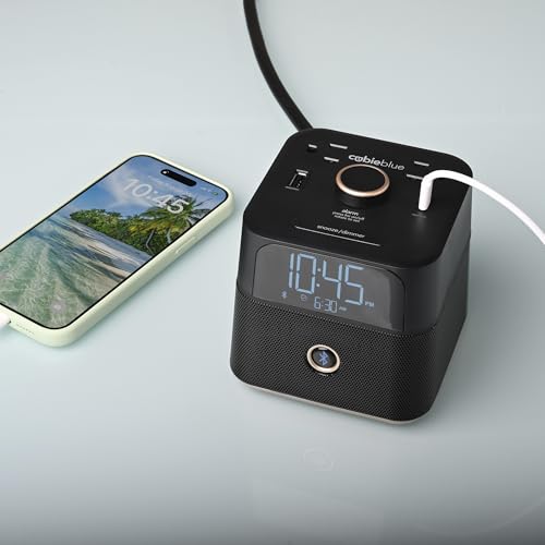 Brandstand | CubieBlue | User Friendly & Convenient Alarm Clock Charger | 2 USB Ports | 2 Tamper Resistant Sockets | Brandstand Bluetooth Speaker