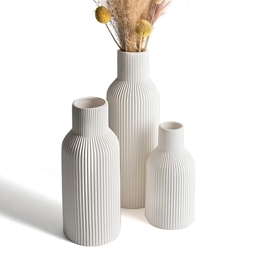 White Ceramic Flower Vases Set of 3, Modern Matte Vertical Ribbed, Nordic Minimalist Decor for Pampas, Dried & Fresh Flowers, Centerpiece for Living Room, Shelf, Entryway, Wedding,Office