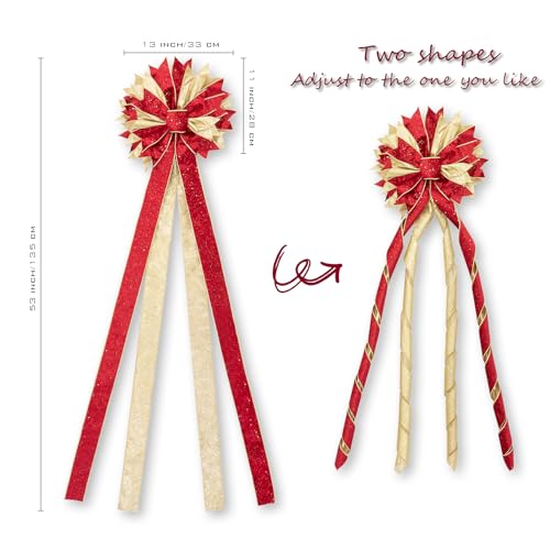 Hismir Christmas Tree Topper Bow, 53x13 Inches Large Christmas Bow with Glitter Streamer, Decorative Ribbon Bows for Xmas Tree Wreath Door Festival Home Decor(Red & Gold)