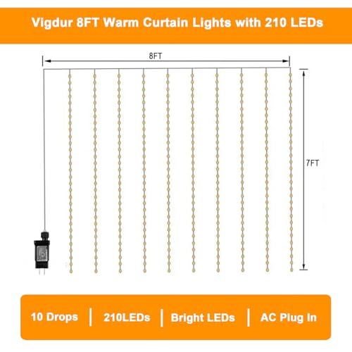 Vigdur Led Curtain String Lights, 8FT Window Fairy Lights for Bedroom with 210 Warm LEDs, Hanging Twinkle Indoor String Light for Party Wedding Garden Wall Decor(8 * 7ft)