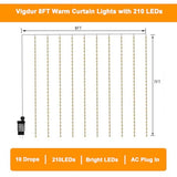 Vigdur Led Curtain String Lights, 8FT Window Fairy Lights for Bedroom with 210 Warm LEDs, Hanging Twinkle Indoor String Light for Party Wedding Garden Wall Decor(8 * 7ft)