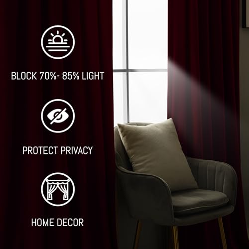 Yakamok Velvet Curtains 84 inches 2 Panels - Luxury Room Darkening Wine Red Curtains for Bedroom Living Room Thermal Insulated Super Soft Window Drapes Rod Pocket, Wine Red, W52 x L84 inches