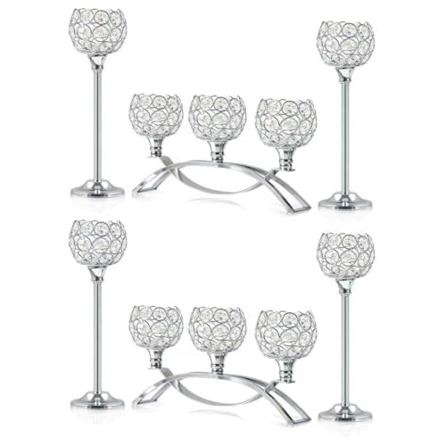 Crystal Tealight Candle Holder Centerpiece Home Decorative Candlestick Holder Elegant Table Centerpiece Home Decor Wedding Party Anniversary (Silver, Set of 6)