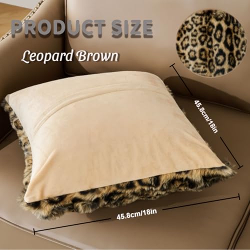 Cheetah Print Faux Fur Fluffy Pillowcases,Plush Soft Throw Pillow Covers, Fuzzy Decorative Leopard Print Pillow Cases, Furry Brown Leopard Cushion Covers for Couch Sofa-18x18 inch Set of 2