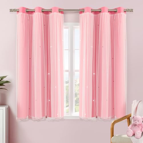 XiDi Pink Curtains for Girls Bedroom 2 Panels Pink Blackout Curtains with Sheer Overlay for Nursery Kids Room Star Double Layer Drapes with Tiebacks Room Darkening Grommet Window Treatment W34 X L63