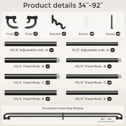 Double Curtain Rod 34-92 Inch, Black Wrap Around Blackout Dual Curtain Rods for Windows, Adjustable Heavy Duty Curved Spliced Room Darkening Double Rods, All Metal, Aluminium Bracket