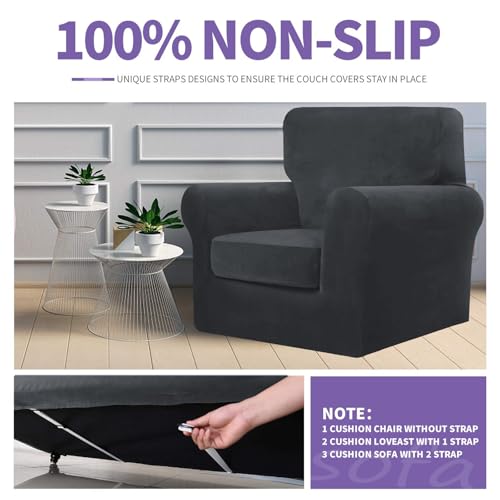 ZNSAYOTX Luxury Velvet Chair Slipcovers with Arm 2 Piece Stretch Chair Covers for Living Room Thick Soft Armchair Slipcover Anti Slip Pet Friendly Furniture Protector (Black),30"-47"(1 Cushion)