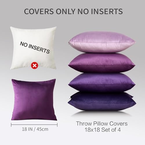 Throw Pillow Covers Set of 4 - 18x18 Velvet Sofa Pillow Covers for Living Room & Bed (Purple)