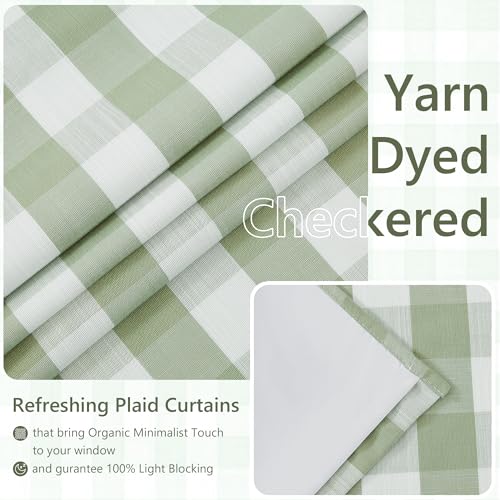 Amzdecor Sage Green White Buffalo Plaid Full Blackout Curtains 84 Inch for Bedroom Living Room Farmhouse Check Patterned Drapes Thermal Insulated Soundproof Grommet Window Treatment, 2 Panels, 40"x84"