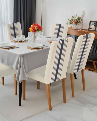 Savannan Chair Covers Set of 4, Modern Navy Blue White Stripe Removable Stretchable Parsons Chair Slipcovers Protector for Kitchen Dining Room Retro Linen Texture