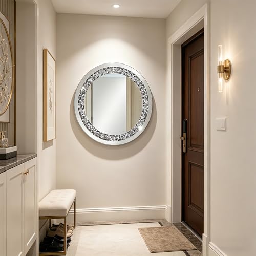 24 Inch Crushed Diamond Round Glass Wall Mirror, Bathroom Mirror, Wall Decoration Hanging Mirror, Suitable for Living Room, Bedroom, Vanity