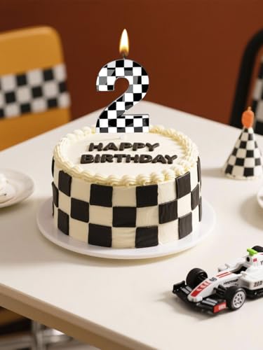 Number 2 Racing Cars Birthday Candles,2.68 Inch Black White Checkered Birthday Number Candles, Cool Racing Themed Number Candles for Boys and Girls, Kids Race Car Themed Party Decorations Supplies