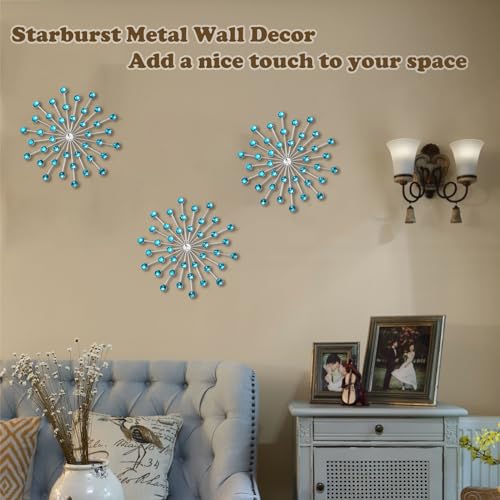 DXYAKY Set of 3 Blue Metal Starburst Wall Art Decor, Rhinestone Crystal Home Decor Accents, 9.8 Inch Decorative Wall Hanging Diamond, Jeweled Sparkle Wall Sculptures for Living Room Bedroom
