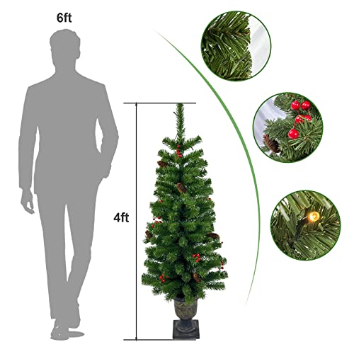 Maylaviu 4FT Artificial Potted Christmas Tree with Lights, Pre-lit Mini Christmas Tree with 50 LED Lights, Small Fake Spruce Tree with 140 Branch Tips, Pine Cones&Red Berries, Battery Operated