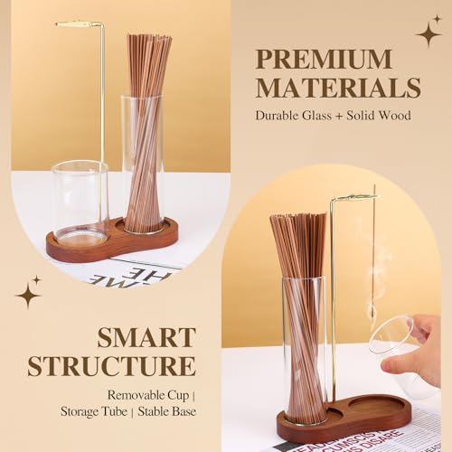 2 in 1 Incense Holder for Sticks with Glass Ash Catcher, Upside Down Anti-Ash Incense Stick Burner for Outdoor Patio, Modern Vertical Incense Holder for Home Decor, Spa, Meditation and Reddish Brown
