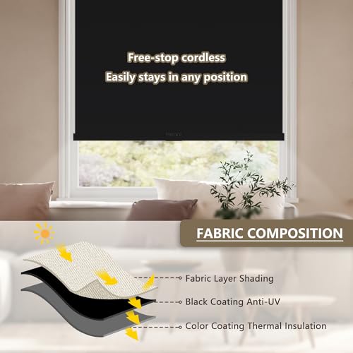 SUNOFF Cordless Blackout Roller Shades Blinds for Windows Free-Stop,Pull Down Room Darkening with Valance,Thermal Insulated Woven Fabric Window Door Blinds for Home,Office,Black 20" W x 72" H