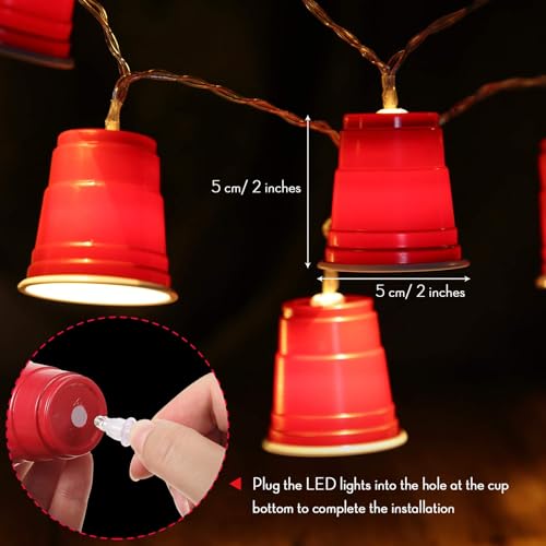 Hiboom 6.56FT Red Cup String Lights, Mini Flip Cup LED Fairy Lights Battery Operated, Graduation Party Decorations for College Dorm Beer Frat Birthday Trailer Park Party Supplies(Red,1 Pack)