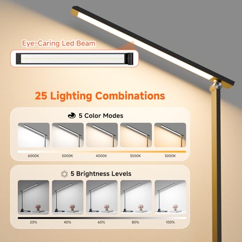 LED Desk Lamp with USB-C Charging Port, Dimmable Desk Lamp for Home Office, Eye-Caring Reading Lamp with 25 Lighting Modes, Small Desk Light for Bedroom Nightstand with Adapter
