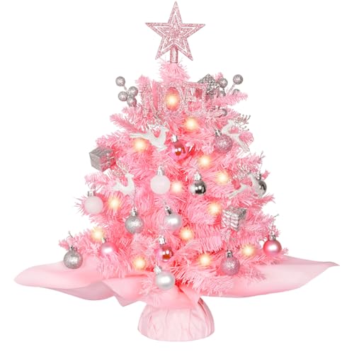 20" Mini Pink Christmas Tree, Artificial Small Table Top Warm Lights, Star Treetop and Ornaments, Tabletop Christmas Tree for DIY Pink Christmas Decoration Gifts
