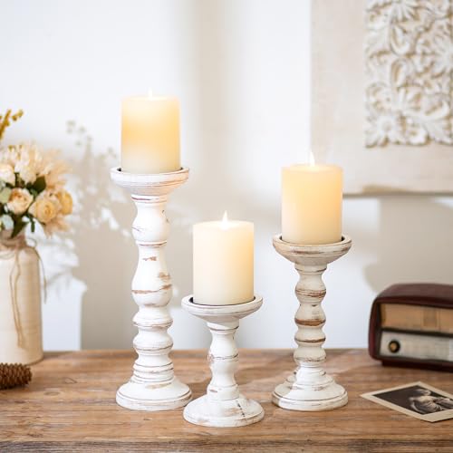 Romadedi Pillar Wood Candle Holders, Whitewashed Brown, Set of 3