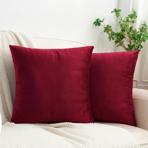 HWY 50 Burgundy Red Velvet Throw Pillow Covers 18x18 Inch, Pack of 2 Soft Cozy Solid Decorative Luxury Cushion Cases for Couch Sofa Bed Living Room Bedroom