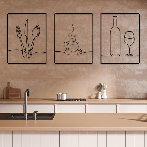 Otoolling 3 Pieces Metal Minimalist Line Kitchen Signs Wall Decor Drawing Rustic Kitchen Wall Art for Dining Living Room Home, 14 x 11 Inches(Dining Room,Black)