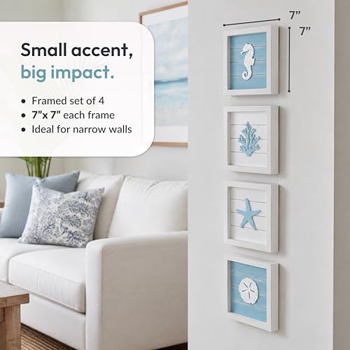 Tide and Tales Coastal Wall Art (Framed Set of 4) Beach Bathroom Wall Decor with Starfish, Seahorse, Sand Dollar and Coral - Ocean Theme Turquoise Room Decor - Seashell Beach Decorations for Home 7" x 7"