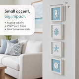 Tide and Tales Coastal Wall Art (Framed Set of 4) Beach Bathroom Wall Decor with Starfish, Seahorse, Sand Dollar and Coral - Ocean Theme Turquoise Room Decor - Seashell Beach Decorations for Home 7" x 7"