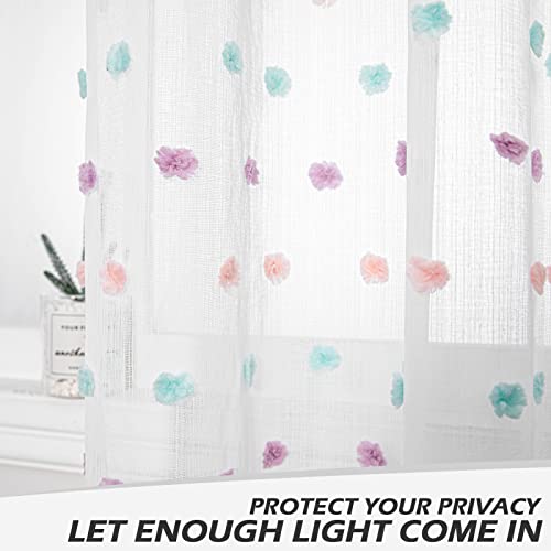 MYSKY HOME Rainbow Pom Pom Curtains for Living Room Light Filtering 84 Inch Long Bedroom Curtains for Nursery Girls Kids Room Rod Pocket Bohemian Voile Window Drapes 52 x 84 inch 2 Panels