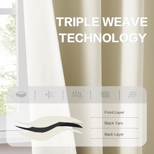 DUALIFE Beige Curtains 102 Length 2 Panels, Cream Blackout Curtains Thermal Insulated Window Treatment Room Darkening Drapes for Living Room Back Tab/Rod Pocket, 52 by 102 Inches Long