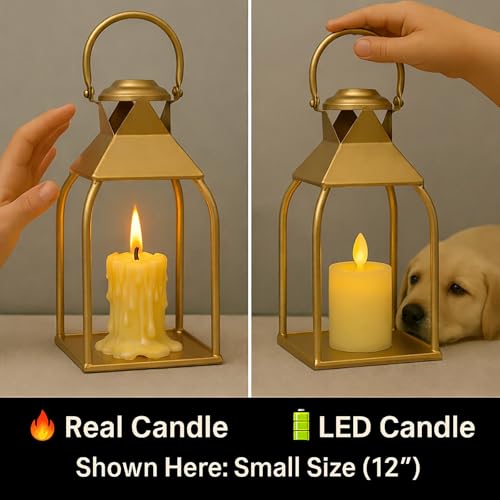 Decorative Metal Lanterns Indoor Outdoor, Candle Holder for Porch, Patio, Fireplace, Floor, Wedding, Christmas, Fall, Holiday, Farmhouse Table Centerpiece (Antique Gold, Set of 3 20" 15.7" 12")