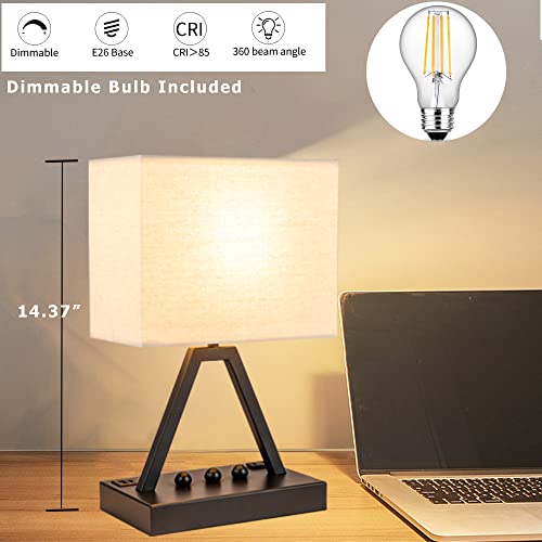 Touch Control Table Lamp, 3-Way Dimmable Desk Lamp with USB C & USB A and AC Outlet, Bedside Lamps with Phone Stands for Bedroom, Living Room, Office, LED Bulb Included, Black