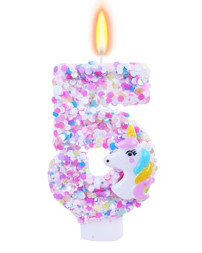 Unicorn Themed Birthday Candles,Number 5 Cartoon Birthday Party Supplies,Birthday Decorations for Gir,2.87 inch Cake Topper Decorations (Unicorn Themed, Number 5)