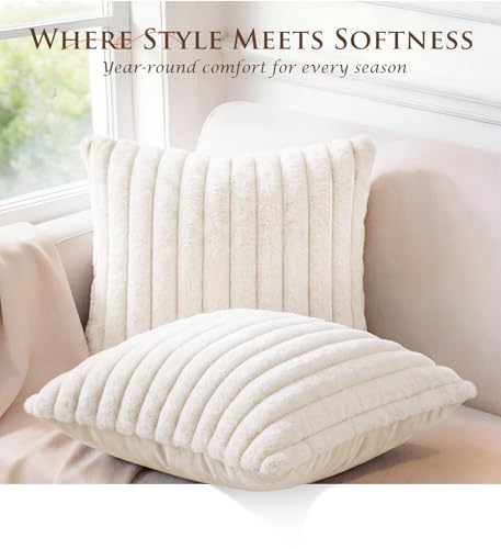 Pack of 2 Throw Pillow Covers 18x18 Decorative Solid Plush Faux Fur with Soft Velvet Back, Square Striped Cushion Cases Modern Farmhouse Home Decor for Living Room Couch Sofa Bed Cream White