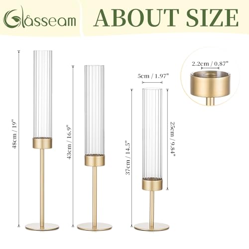 Gold Hurricane Taper Candle Holders: Glasseam 3Pcs Brass Candlestick Holders with Ribbed Glass Cylinder Cover Fluted Tall Candle Sticks Holder Decor for Table Centerpiece Wedding Christmas Decorations