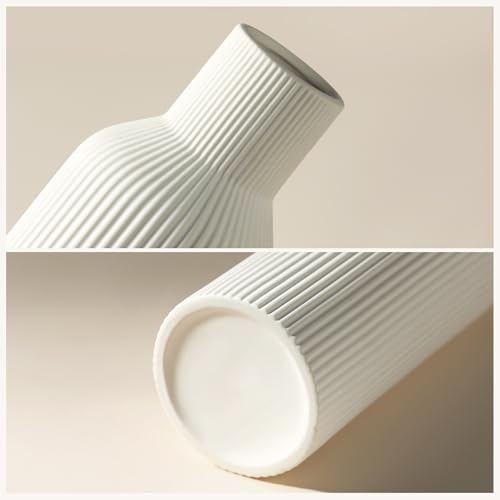 White Ceramic Flower Vases Set of 3, Modern Matte Vertical Ribbed, Nordic Minimalist Decor for Pampas, Dried & Fresh Flowers, Centerpiece for Living Room, Shelf, Entryway, Wedding,Office