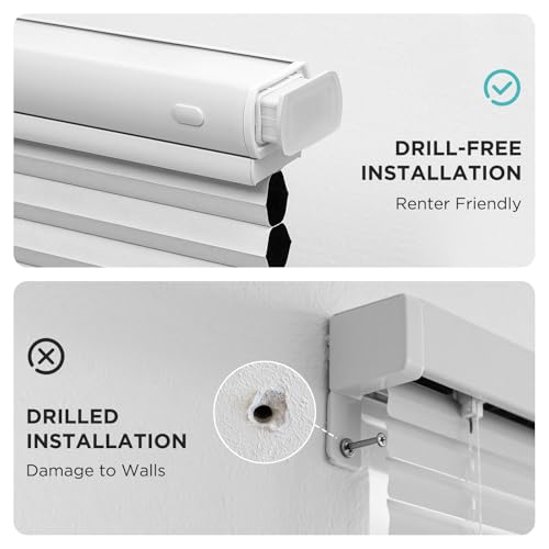 Joydeco No Tools No Drill Blinds for Indoor Windows, Cordless Window Blinds Cellular Shades Top Down Bottom Up Blackout Honeycomb Blinds Thermal Insulated Noise Reduction (White, 34.5" W x 64" H)