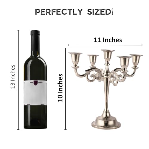 5 Arm Candelabra Taper Candle Holders Decorations Indoor Kitchen Décor Table Candles Candlestick Candelabra Centerpiece (Silver)