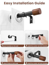 Wood Curtain Rods for Windows 32 to 84 Inch, 1 Inch Heavy Duty Adjustable Decorative Curtain Rod, Modern Farmhouse Drapery Rod for Bedroom, Patio and Living Room