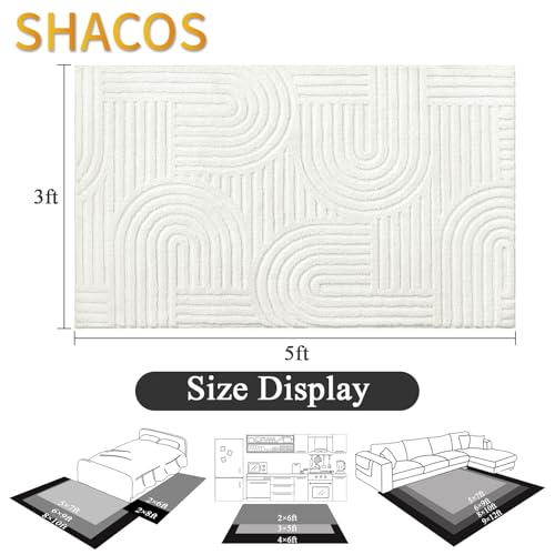 SHACOS Soft Cozy Fluffy Arch Pattern High Low Pile Area Rugs 3'x5' Non Slip Washable Scandinavian Minimalist Rug Modern Geometric Arc Carpet for Living Room Bedroom Dining Room, Cream White