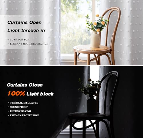 MYSKY HOME White Blackout Curtains for Bedroom 84 Inches Long 100% Light Blocking Drapes for Girls Kids Room Pom Pom Sheer Thermal Insulated Room Darkening Window Panels Back Tab Set of 2, 52W x 84L
