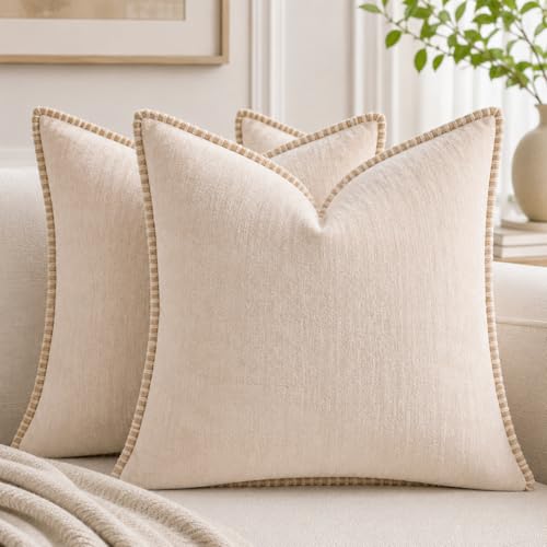 Decorative Throw Pillow Covers 18x18Inch, Pack of 2 Beige Chenille Soft Pillow Covers with Stitched Edge,Farmhouse Neutral Euro Decorative Pillows for Bed Couch Sofa Home Decor Living Room