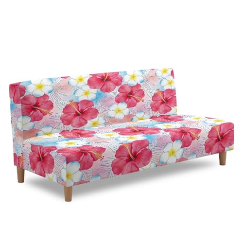 Armless Futon Cushion Covers Coastal Floral Rectangular Sofa Slipcovers Hibiscus Flower Futon Couch Cover with Elastic Bottom for Living Room Bedroom Hotel Furniture Protector