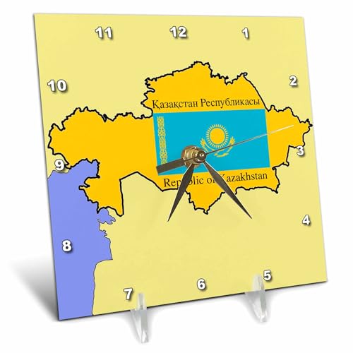 3dRose dc_47325_1 Map and Flag of Kazakhstan with Republic of Kazakhstan Printed in English and Russian Desk Clock, 6 by 6-Inch