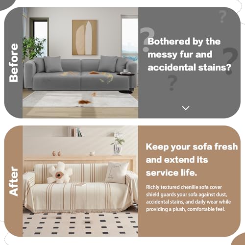 DREAMINGO Couch Cover Reversible Chenille 3 Seat Sofa Covers for Pet Kids Beige Coffee Couch Protector for 3 Cushion Couch Sofa Vertical Stripe Jacquard Sofa Slipcover Sectional, 71"x134"