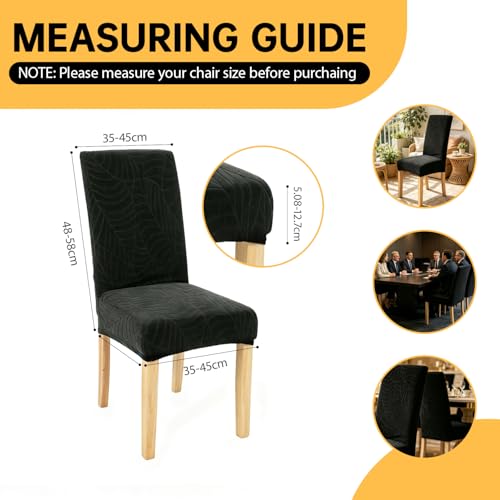 Waterproof Dining Chair Covers Set of 6, Stretch Parson Chair Slipcovers for Kitchen/Dining Room, Seat Covers for Chairs with Anti-Slip, Ideal for Party & Daily Use, Leaves-Black