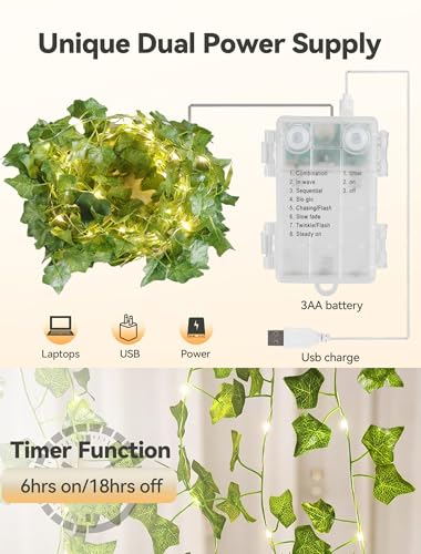 Vines with Fairy Lights,23ft Ivy Twinkle Lights Battery Operated,73 LED Leaf String Lights for Bedroom,Room,Wall,Celling,Curtain,Party,Wedding,Christmas Decor (Warm White)