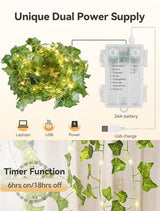 Vines with Fairy Lights,23ft Ivy Twinkle Lights Battery Operated,73 LED Leaf String Lights for Bedroom,Room,Wall,Celling,Curtain,Party,Wedding,Christmas Decor (Warm White)